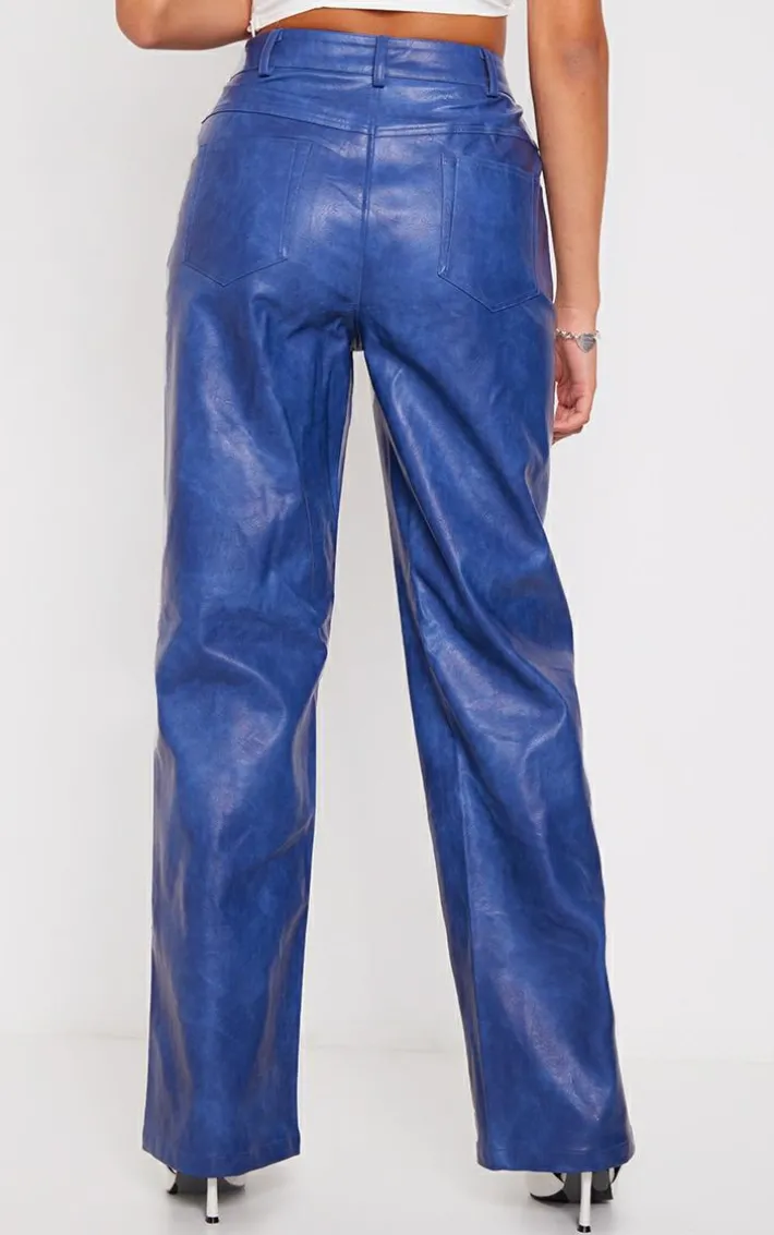 Premium Blue Washed Faux Leather Straight Leg Pants
