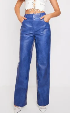 Premium Blue Washed Faux Leather Straight Leg Pants