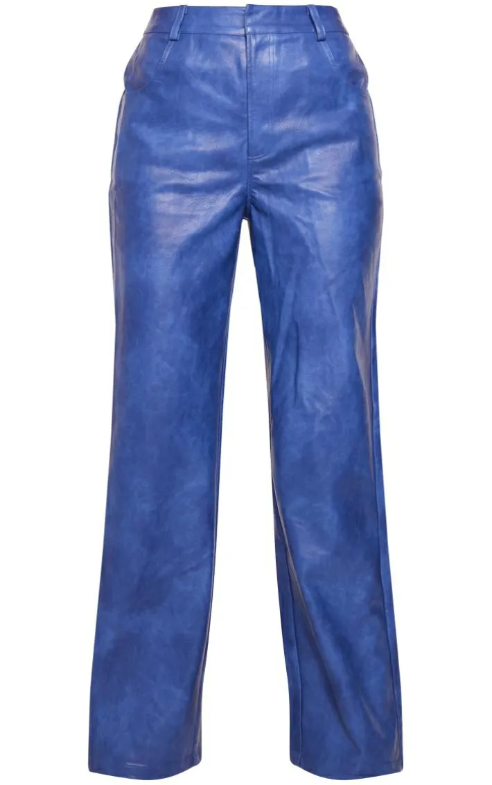 Premium Blue Washed Faux Leather Straight Leg Pants