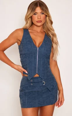 Premium Blue Washed Faux Leather Zip Front Strap Detail Corset