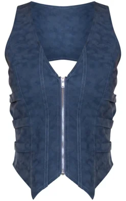 Premium Blue Washed Faux Leather Zip Front Strap Detail Corset