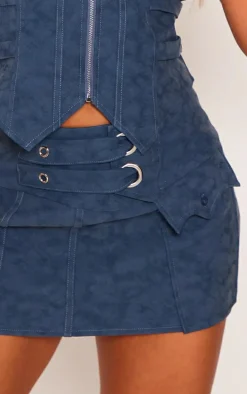 Premium Blue Washed Faux Leather Strap Detail Wrap Over Micro Mini Skirt