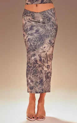 Premium Brown Leopard Print Double Layer Slinky Midaxi Skirt