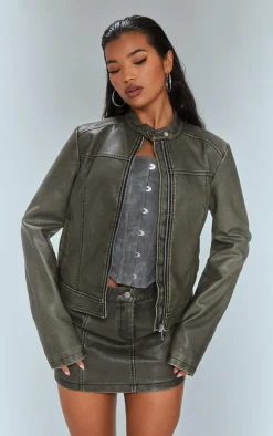 Premium Brown Washed Faux Leather Seam Detail Mini Skirt