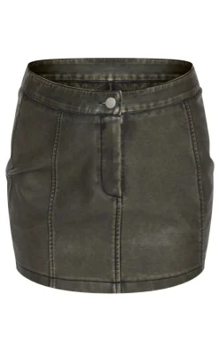 Premium Brown Washed Faux Leather Seam Detail Mini Skirt