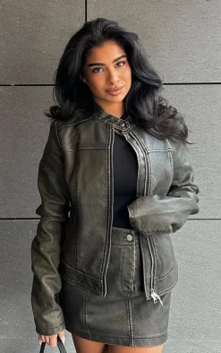 Premium Brown Washed Faux Leather Oversized Seam Detail Jacket