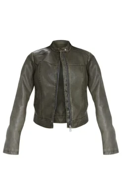 Premium Brown Washed Faux Leather Oversized Seam Detail Jacket