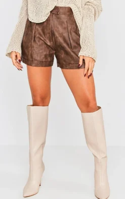 Premium Brown Washed Faux Leather Pleat Detail Shorts