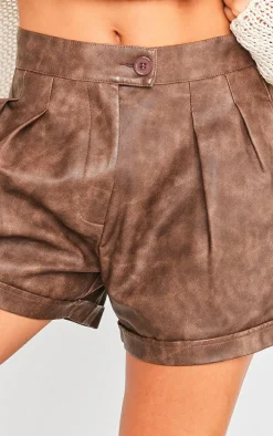 Premium Brown Washed Faux Leather Pleat Detail Shorts