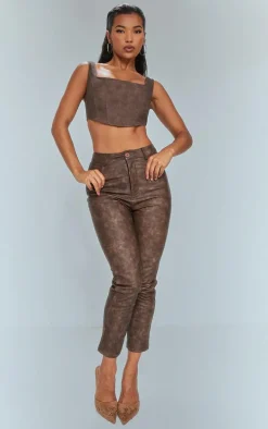 Premium Brown Washed Faux Leather Cropped Pants
