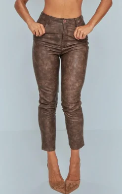 Premium Brown Washed Faux Leather Cropped Pants