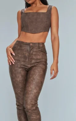 Premium Brown Washed Faux Leather Cropped Pants