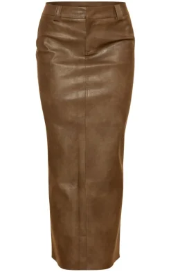 Premium Brown Washed Faux Leather Maxi Skirt