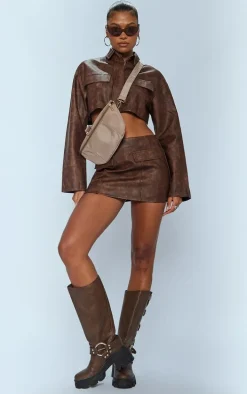 Premium Brown Washed Faux Leather Boxy Cropped Pocket Detail Jacket