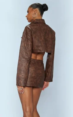 Premium Brown Washed Faux Leather Boxy Cropped Pocket Detail Jacket