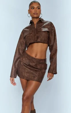 Premium Brown Washed Faux Leather Boxy Cropped Pocket Detail Jacket