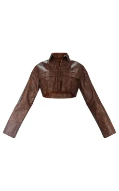 Premium Brown Washed Faux Leather Boxy Cropped Pocket Detail Jacket