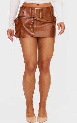Premium Brown Washed Faux Leather Belt Zip Mini Skirt
