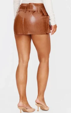 Premium Brown Washed Faux Leather Belt Zip Mini Skirt