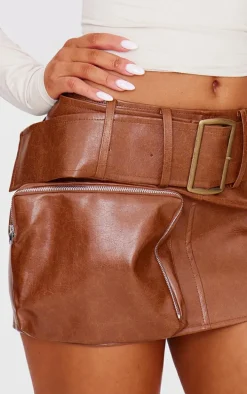 Premium Brown Washed Faux Leather Belt Zip Mini Skirt