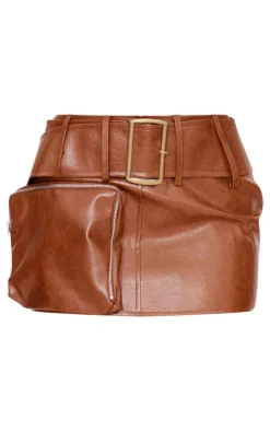 Premium Brown Washed Faux Leather Belt Zip Mini Skirt