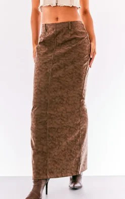 Premium Brown Washed Faux Leather Low Rise Maxi Skirt