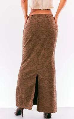 Premium Brown Washed Faux Leather Low Rise Maxi Skirt