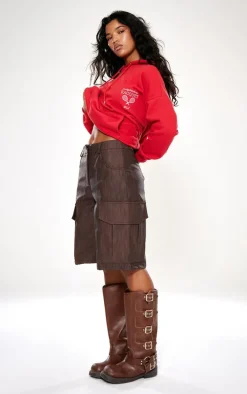 Premium Brown Washed Faux Leather Long Cargo Shorts