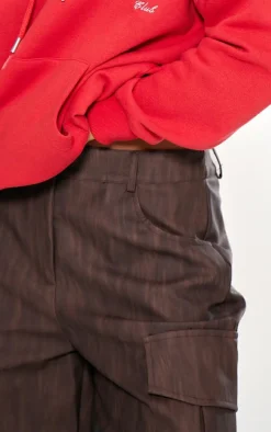 Premium Brown Washed Faux Leather Long Cargo Shorts