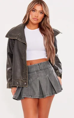 Premium Charcoal Washed Faux Leather Pleated Micro Mini Skirt