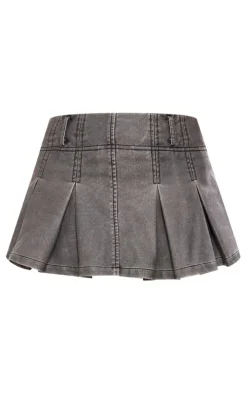 Premium Charcoal Washed Faux Leather Pleated Micro Mini Skirt