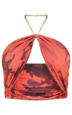 Premium Cherry Red Abstract Print Double Layer Slinky Twist Chain Bralet