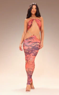 Premium Cherry Red Abstract Print Double Layer Slinky Chain Midaxi Skirt