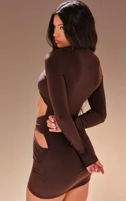 Premium Chocolate Double Layer Slinky Extreme Cut Out Bodycon Dress
