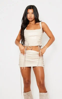 Premium Cream Faux Leather Lace Front Micro Mini Skirt