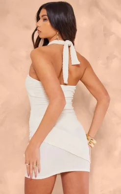 Premium Cream Textured Halterneck Cut Out Bodycon Dress