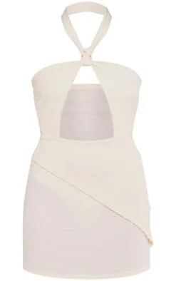Premium Cream Textured Halterneck Cut Out Bodycon Dress