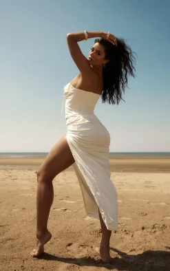 Premium Cream Textured Lace Up Bandeau Ruched Midaxi Dress