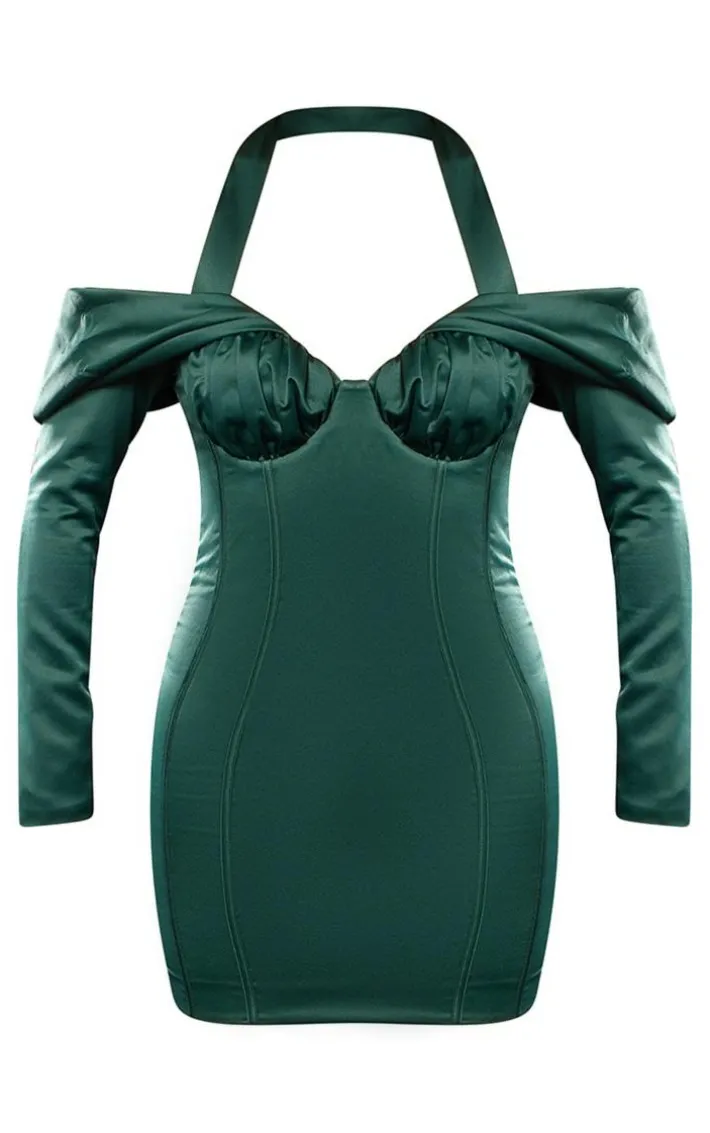 Premium Emerald Green Constructed Satin Draped Bardot Bodycon Dress
