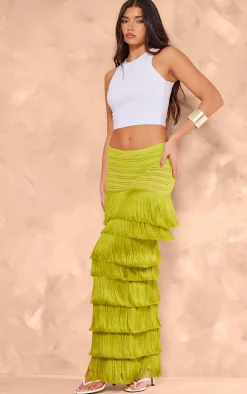 Premium Green Textured Tassel Trimmed Maxi Skirt