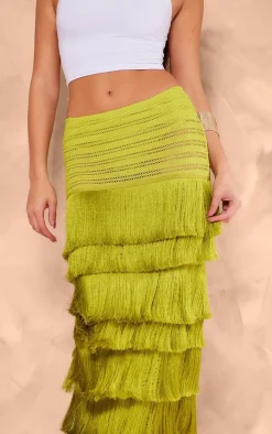 Premium Green Textured Tassel Trimmed Maxi Skirt