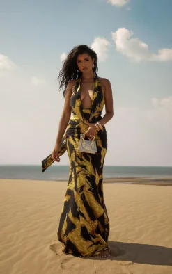 Premium Multi Burnout Chiffon Extreme Cowl Maxi Dress