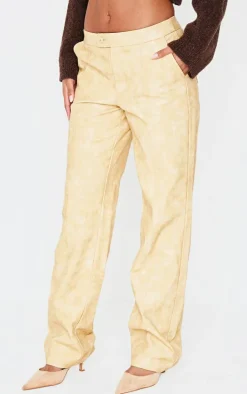 Premium Mustard Washed Faux Leather Pintuck Detail Straight Leg Pants