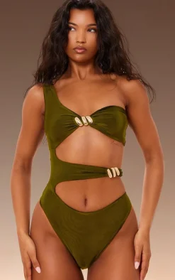 Premium Olive Double Layer Asymmetrical Trim Detail Bodysuit