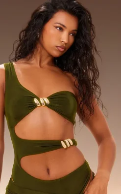 Premium Olive Double Layer Asymmetrical Trim Detail Bodysuit