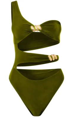 Premium Olive Double Layer Asymmetrical Trim Detail Bodysuit