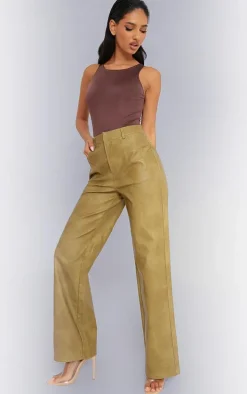 Premium Olive Washed Faux Leather Straight Leg Pants