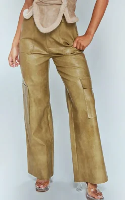Premium Olive Washed Faux Leather Pocket Wide Leg Cargo Pants