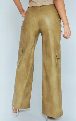 Premium Olive Washed Faux Leather Pocket Wide Leg Cargo Pants