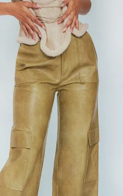 Premium Olive Washed Faux Leather Pocket Wide Leg Cargo Pants